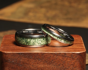 Moss Agate Ring Couples Set Moss agate Wedding Bands Moss Agate his and hers wedding rings Moss Agate Rings 8mm 4mm
