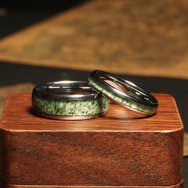 Juego de anillos de ágata musgosa para parejas Alianzas de boda de ágata musgosa Anillos de boda de ágata musgosa para él y para ella Anillos de ágata musgosa de 8 mm y 4 mm