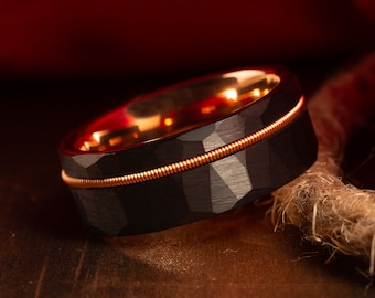 The Guitarist - Guitar String Ring, Hammered Mens Wedding Band, Brushed Ring, Tungsten Mens Wedding Ring, Guitarist Ring, Musician Ring 8mm