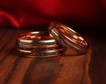 Match His and Hers 4mm 8mm Rose Gold Meteorite Dinosaur Bone Tungsten Wedding Ring Couple Wedding Set Wedding Ring Set Anniversary Tungsten