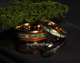 Moss Agate wood Couples Ring Set His and Hers Wedding Band Tungsten Matching Promise Rings Unique Ring 4mm and 8mm Koa and Guitar String