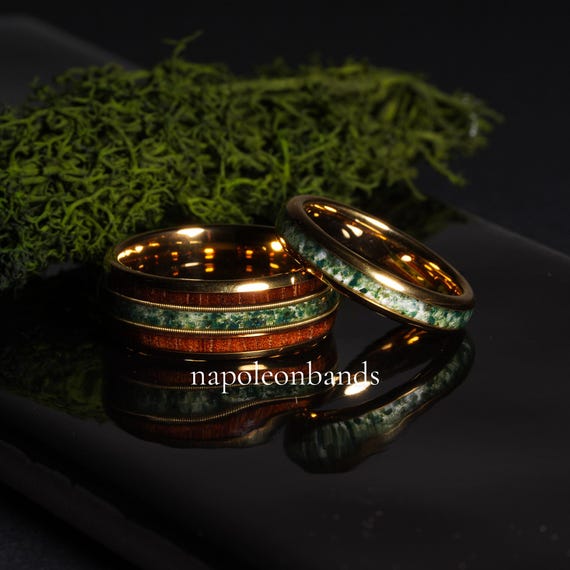 Moss Agate wood Couples Ring Set His and Hers Wedding Band Tungsten Matching Promise Rings Unique Ring 4mm and 8mm Koa and Guitar String