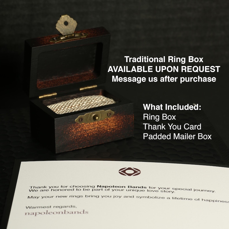 May include: A dark wooden ring box with a hinged lid and brass hardware. The box is open, revealing a beige fabric interior. Text on the image reads "Traditional Ring Box" and "What Included: Ring Box, Thank You Card, Padded Mailer Box."