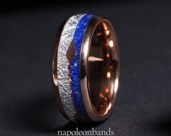 Lapis Lazuli Mens Wedding Ring, Meteorite Rose Gold Tungsten Mens Wedding Band, Gift for him Meteor Mens Ring 8mm, Promise ring for him