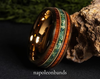 Moss Agate & Koa Wood Yellow Gold Tungsten Ring, Moss Agate Mens Wedding Ring with Koa Wood and Guitar String Moss Agate Wooden Wedding Band