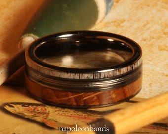 Fishing Line Ring with Whiskey Barrel Wood and Antler, Fishing Line Ring, Wooden Wedding Ring, Outdoorsmen Ring, Mens Wedding Band Antler