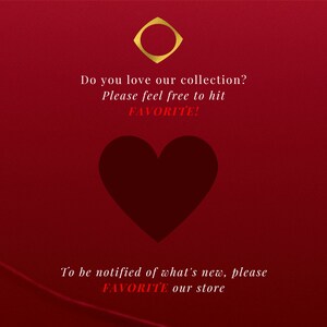May include: A red background with a gold diamond shape and a red heart. The text reads "Do you love our collection? Please feel free to hit FAVORITE! To be notified of what's new, please FAVORITE our store."