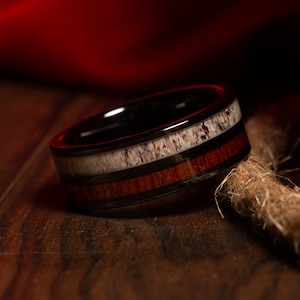 The Hunter - Black Tungsten Charred Whiskey Barrel Wood & Deer Antler Mens Wedding Ring, Wooden Mens Wedding Band, Antler Ring, Promise Ring