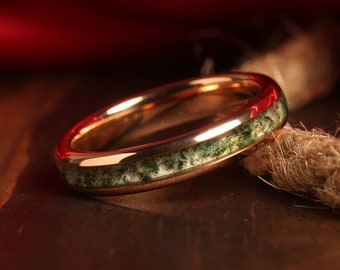 The Gaia - 4mm Moss Agate Ring Rose Gold Polish Tungsten Wedding Ring Eco-Friendly 4mm Moss Agate Rose gold Ring, womens wedding band unique