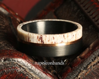 Anillo de asta de ciervo negro cepillado y franja de oro rosa, anillo de boda para hombre, anillo de tungsteno negro, alianza de boda para hombre, ajuste cómodo de 8 mm
