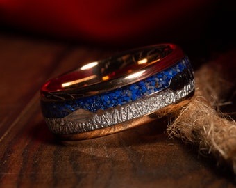 Rose Gold Plated Tungsten Carbide Meteorite & Blue Lapis Lazuli Men's Band Ring, mens wedding band, rings for men wedding ring, unique band