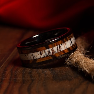 Deer Antler & Charred Whiskey Barrel Wood Mens Wedding Ring Black Brushed Tungsten, Wooden Mens Wedding Band, Antler Ring, Comfort Fit 8mm