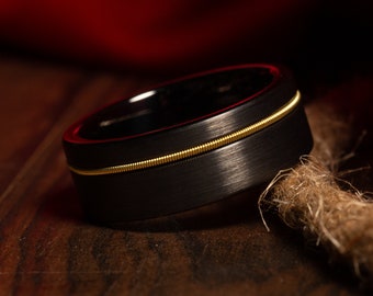 Guitar String Ring Brushed Mens Wedding Band Brushed Ring Tungsten Mens Wedding Ring Guitarist Band Mens Musician Ring Comfort Fit 8mm