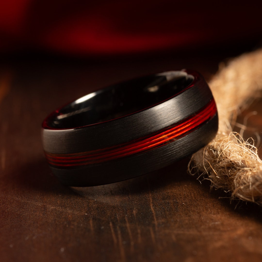 The Fisher Red Fishing Line Mens Wedding Ring Black Tungsten, Mens