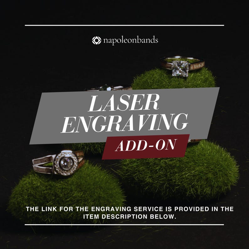 May include: Laser engraving add-on for jewelry. The image shows three rings on a bed of green moss. The text "LASER ENGRAVING ADD-ON" is displayed in a gray and red box.