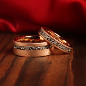 COUPLES METEORITE Wedding RINGS, His and Hers Wedding Rings, Rose Gold & Meteorite Wedding Bands, Wedding Ring Set, Real Meteorite Rings