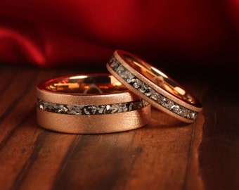 COUPLES METEORITE Wedding RINGS, His and Hers Wedding Rings, Rose Gold & Meteorite Wedding Bands, Wedding Ring Set, Real Meteorite Rings