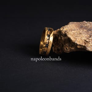 Damascus Steel Ring with Crushed Gold Flakes & Meteorite Man Wedding Band, Hammered Cosmos Promise Engagement Anniversary Ring for Him/ Her image 3