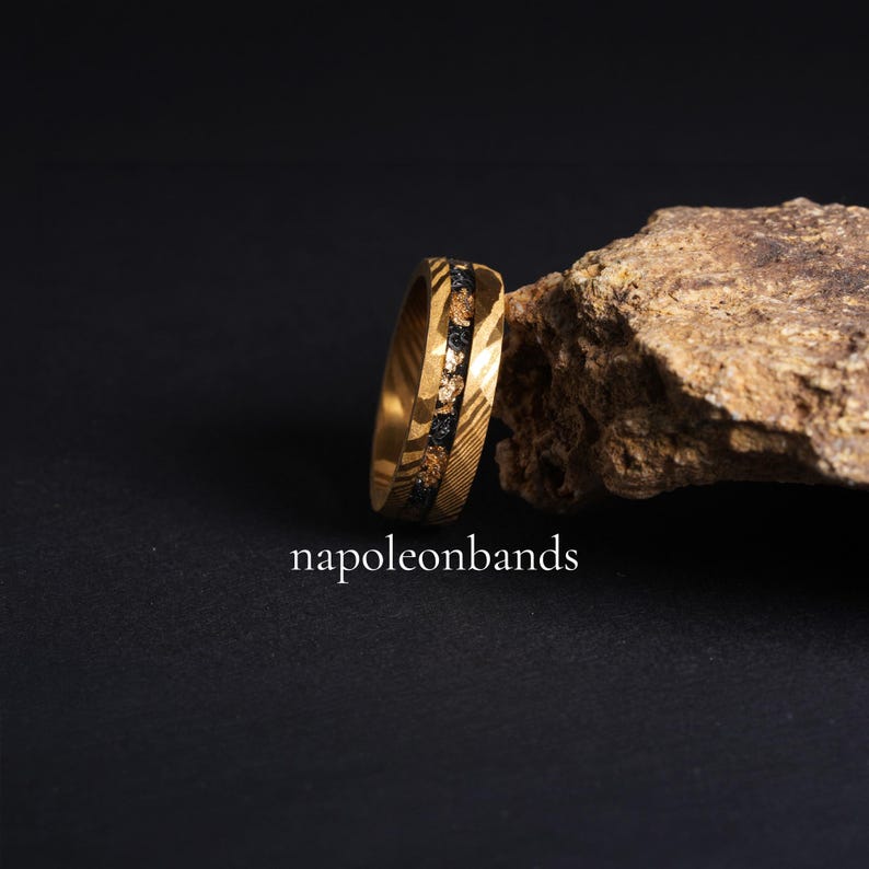 Damascus Steel Ring with Crushed Gold Flakes & Meteorite Man Wedding Band, Hammered Cosmos Promise Engagement Anniversary Ring for Him/ Her image 3