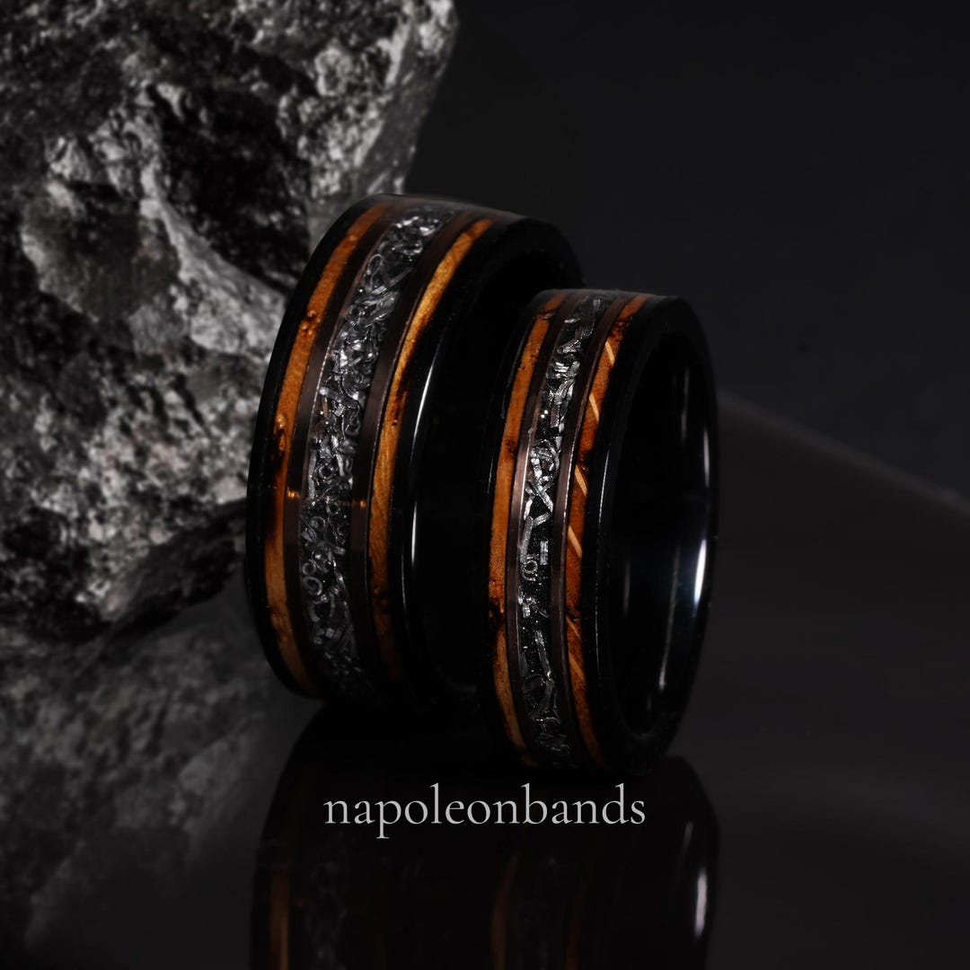 Matching Barrel Rings Whiskey Barrel Rings With Wood Inlay, Meteorite Mens Wedding Band, 6mm ...