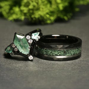 Green Moss Agate Ring Set, His and Hers Wedding Band, Black Ring Set, Matching Nature Couples Ring, Black Plated Tungsten and 925 Silver
