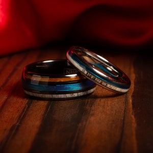 COUPLES Deer ANTLER, Whiskey Barrel, fishing line WEDDING Rings His and Hers Wedding Bands, Rings Matching Wedding Rings Couples Ring Set