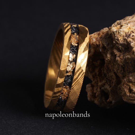 Damascus Steel Ring with Crushed Gold Flakes & Meteorite Man Wedding Band, Hammered Cosmos Promise Engagement Anniversary Ring for Him/ Her
