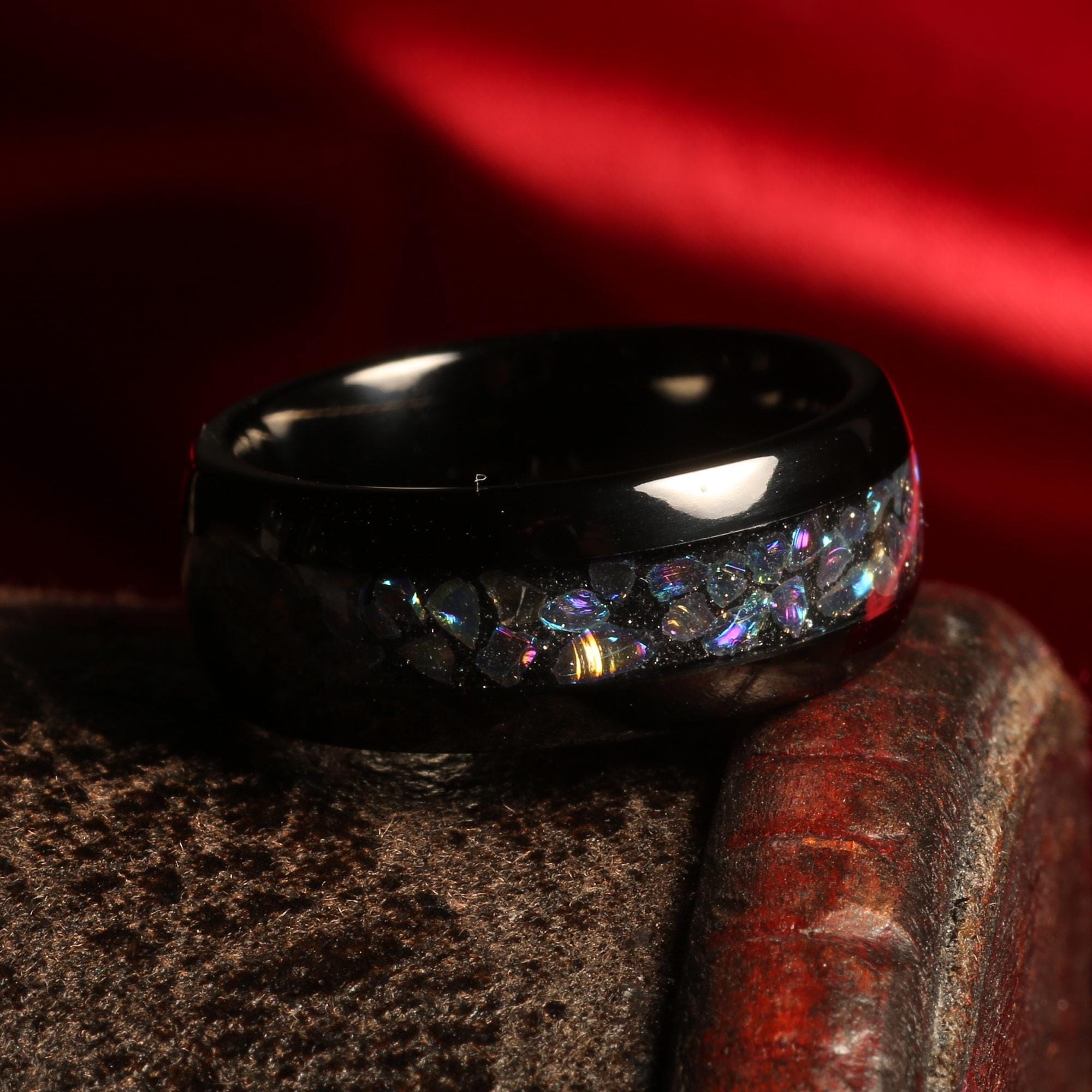 Veil Nebula Ring, Black Tungsten Wedding Band 8mm Mens Outer Space Ring, Comfort Fit, Dome, Polish, Durable Ring Engraving Mens Ring Promise
