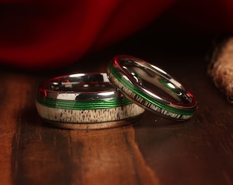 COUPLES Deer ANTLER Green fishing line WEDDING Rings His and Hers Silver Wedding Bands, Rings Matching Wedding Rings Couples Ring Set