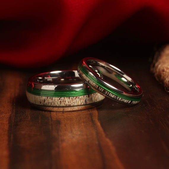 COUPLES Deer ANTLER Green Fishing Line WEDDING Rings His and Hers Silver  Wedding Bands, Rings Matching Wedding Rings Couples Ring Set 