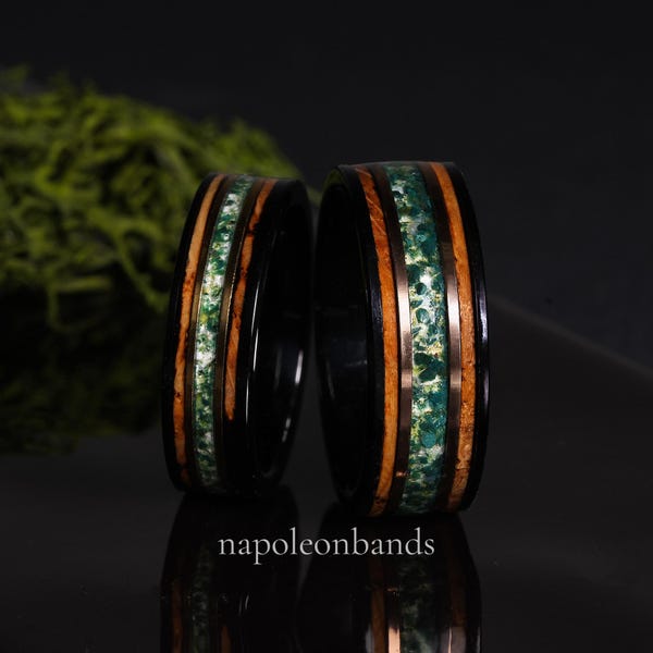 Charred Whiskey Barrel Ring Moss Agate Ring Set His and Hers Agate Wood Ring Whiskey Barrel Couples Set Agate Black Matching Rings 6mm 8mm