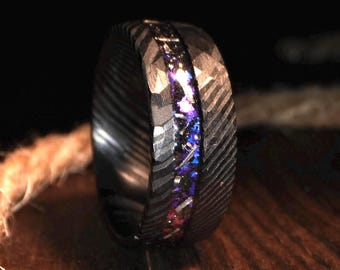 Hammered Meteorite Ring Men Black wedding Band Blue Galaxy Opal Ring Mens Wedding Band, Meteorite Wedding Band Damascus Husband BirthdayGift