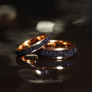 Sandstone Nebula Ring Set, His and Hers Tungsten Wedding Band, 6mm & 4mm Rose Gold Plated Ring, Outer Space Couples Ring, Dome, Sandstone