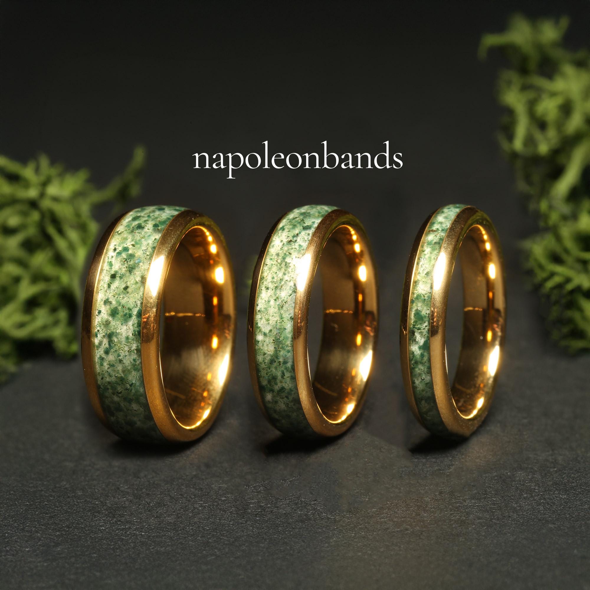 Yellow Gold Moss Agate Ring 8mm 6mm 4mm Polish Tungsten Wedding Ring Moss Agate Ring Mens Ring Men & Women