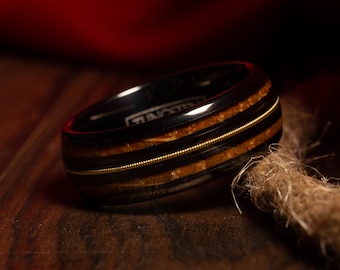 Guitar String & Whiskey Barrel Mens Wedding Black Band, Enagagement Anniversary Tungsten Wooden Inlay Promise Ring For Him, Husband Gift