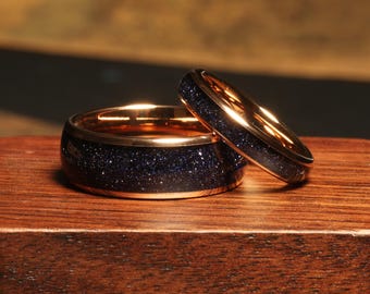 Juego de anillos de nebulosa de piedra arenisca Juego de anillos de pareja de galaxia Juego de anillos de pareja de oro rosa Anillos de nebulosa estilo Orión de piedra arenisca Alianza de boda para él y para ella