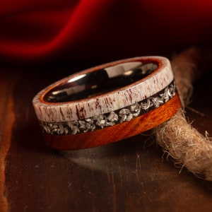 Deer Antler Meteorite Ironwood Ring with Gunmetal Inner Ring, Mens Wedding Band Unique, Mens Wedding Ring, Mens Ring, Antler Rings Meteorite