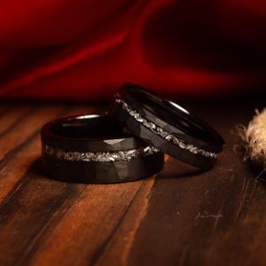 Couples Meteorite Wedding Bands- His and Hers Black Hammered Wedding Rings- Promise Rings- Men’s Meteorite Wedding Ring Set