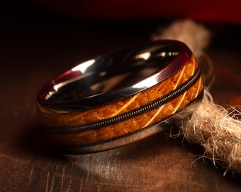 Guitar String Ring, Whiskey Barrel Wood Band, Tungsten Men Wedding Ring, Guitarist Ring, Musician Ring, Guitar String Inlay, Comfort Fit 8mm