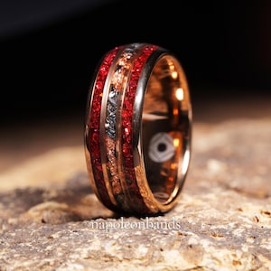 Anillo de rubí, anillo de tungsteno, meteorito, alianza de boda para hombre, anillo de rubí de 8 mm, regalo para hombre, anillo rojo, regalo, granate rojo natural, anillo de oro rosa para hombre.
