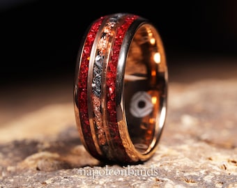 Anillo de rubí Anillo de tungsteno Meteorito Alianza de boda para hombre Anillo de rubí de 8 mm Regalo para hombre Anillo rojo Regalo Granate rojo natural Anillo de oro rosa para hombre