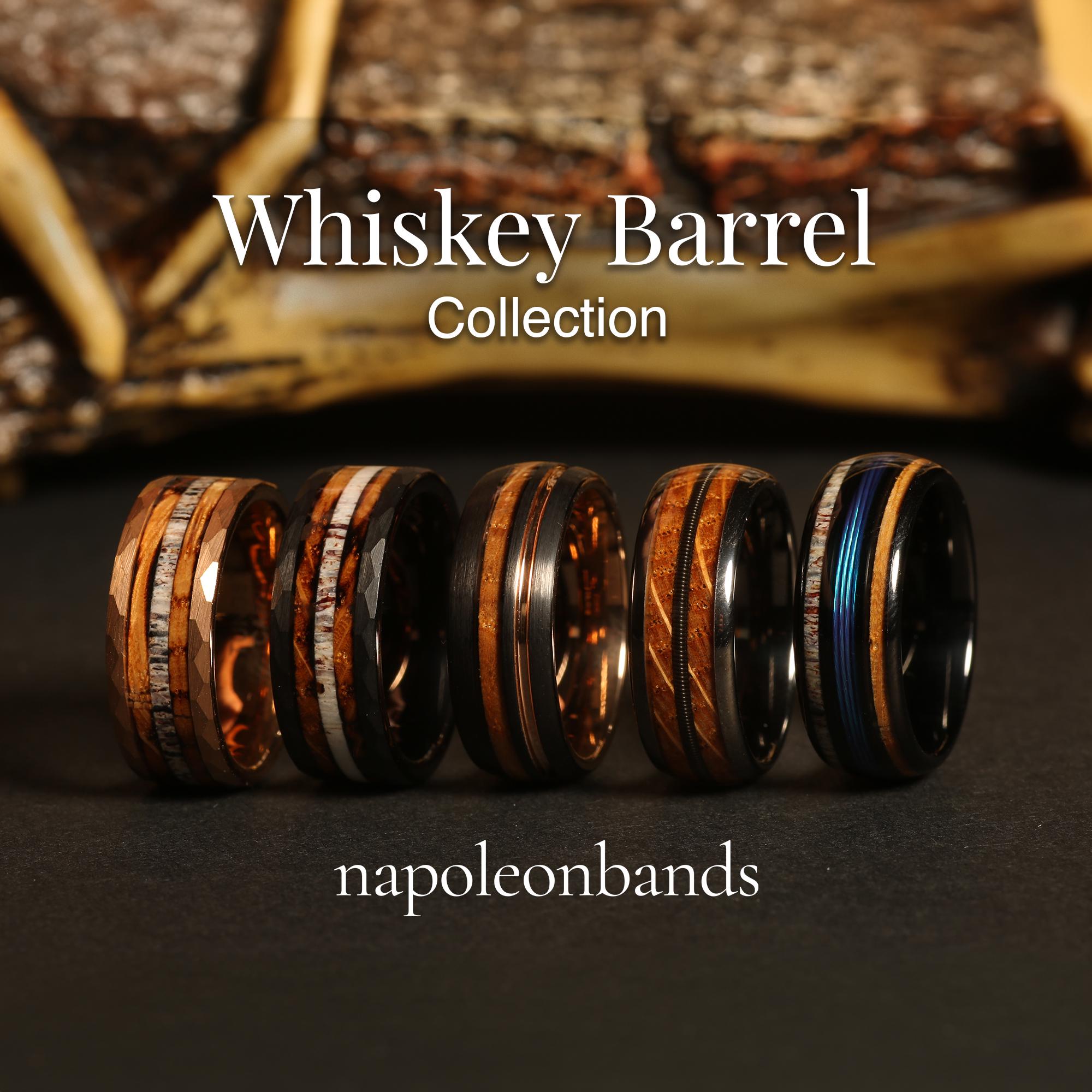 Whiskey Barrel Ring Collection featuring Deer Antler Ring, Guitar String Ring, Tungsten Mens Wedding Band Wood Inlay, Promise Ring for Him