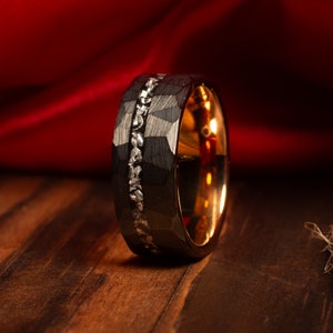 Custom Meteorite Ring, Engraved Meteorite Tungsten Ring, Hammered Meteor Tungsten Band, Hammered Black Ring, Faceted Ring, Wedding Band, 8mm