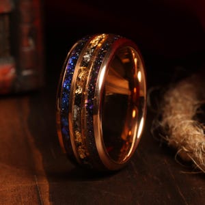 Rose Gold Leaf Blue Opal Meteorite Tungsten Ring Gold 24K Mens Wedding Band Tungsten Mens Ring, Wedding Ring, Opal Unique Ring, Promise Ring