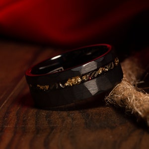 The Thor - Hammered Meteorite Black Faceted & 24K Gold Leaf Tungsten Carbide Mens Wedding Band mens ring for men promise ring anniversary