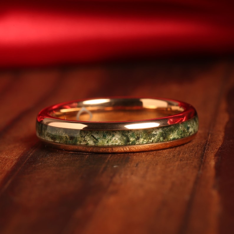 Green Moss Agate Ring Set His and Hers Wedding Band Rose Gold Ring Set Matching Nature Couples Promise Ring Unique Set 14K Rose Gold - Gaia bild 5
