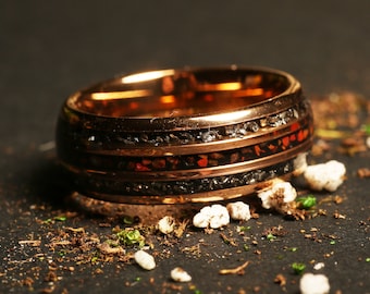 The Explorer - Rose Gold Tungsten Meteorite and Dinosaur bone ring, Tungsten ring, rose domed wedding Ring, polished rose gold mens ring