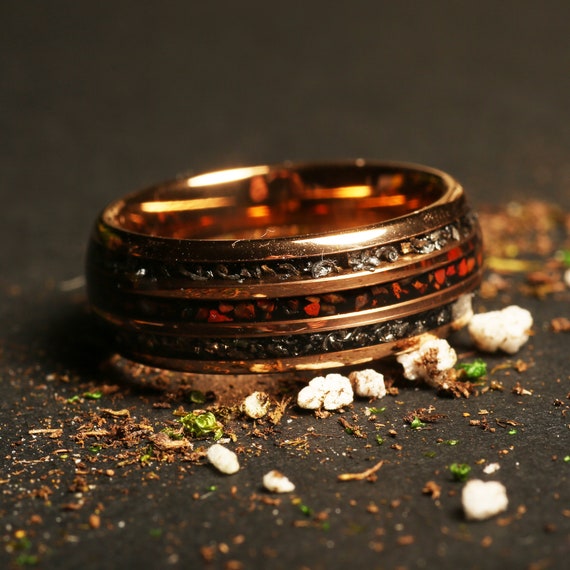 The Explorer Rose Gold Tungsten Meteorite and Dinosaur bone ring,  Tungsten ring, rose domed wedding Ring, polished rose gold mens ring