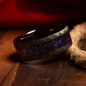 The Orion - Hammered Nebula Man Wedding Black Steel Hammered Band, Anniversary Engagement Promise Blue Galaxy Cosmos Inlay Ring For Him Gift