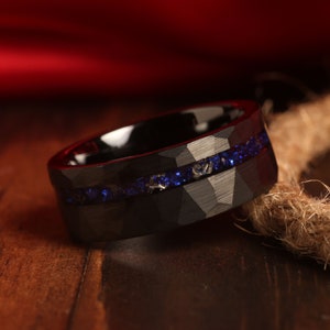 The Sagittarius - Astrology Blue Sapphire Meteorite Mens Wedding Ring, Black Tungsten Birth Stone Ring Black Hammered Mens Wedding Band 8mm